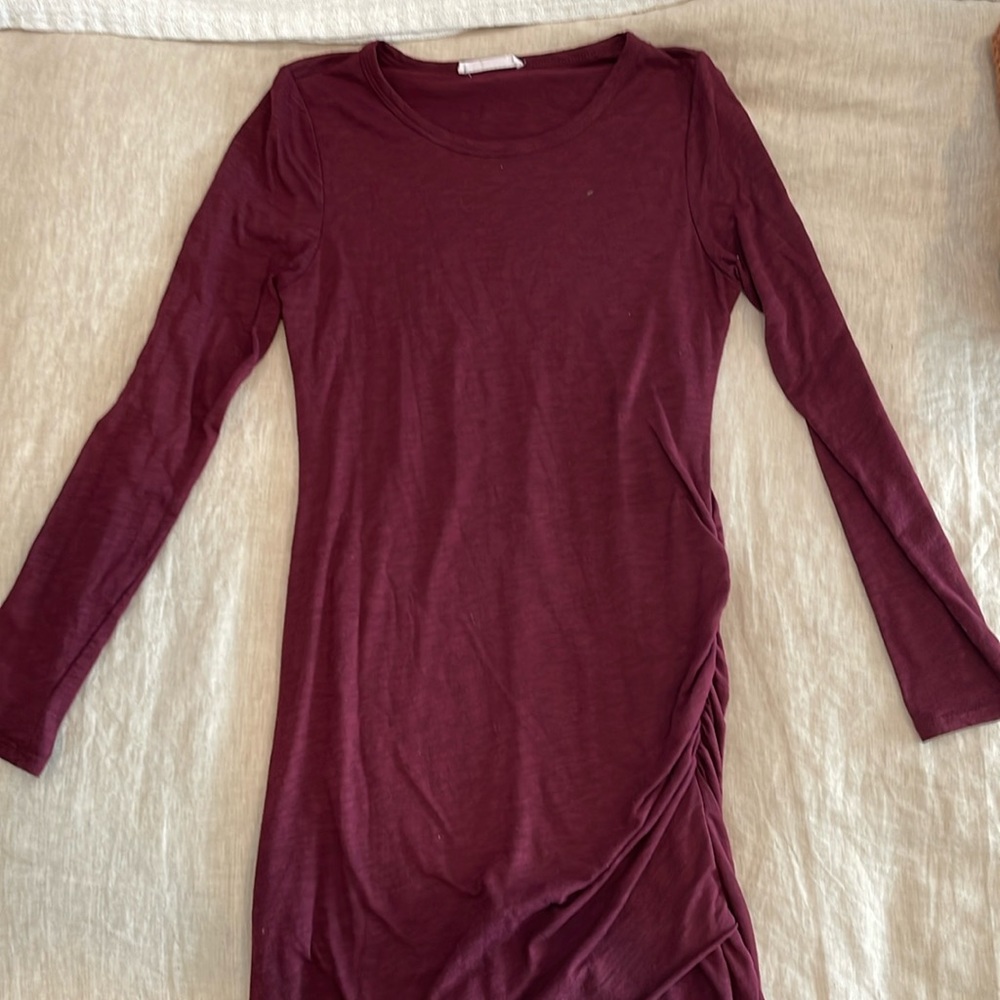 Burgundy Long Sleeve Midi Dress Ruched Side